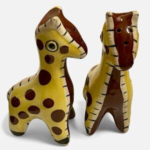 VTG Napco Giraffe Salt & Pepper Shakers Stitched Patchwork Brown Yellow Japan